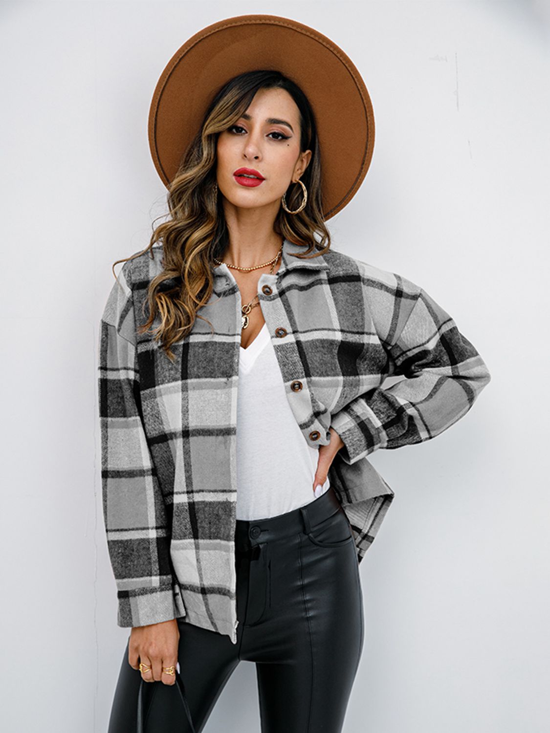 Shiny Plaid Button Up Collared Neck Jacket