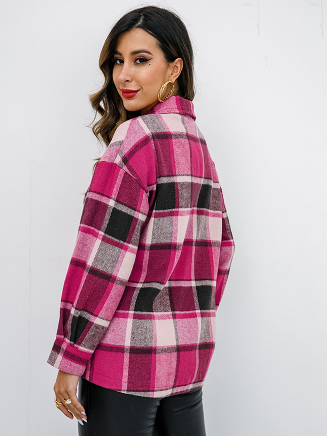 Shiny Plaid Button Up Collared Neck Jacket