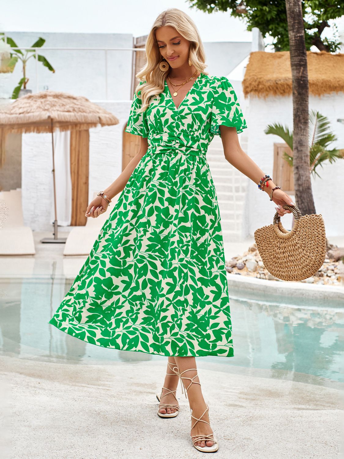 Printed Surplice Short Sleeve Midi Dress