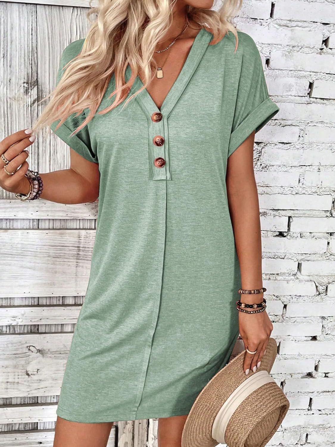 Quarter Button V-Neck Short Sleeve Dress