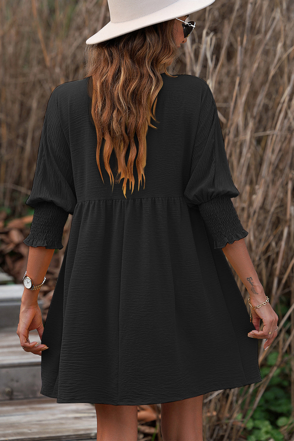 Texture Round Neck Lantern Sleeve Mini Dress