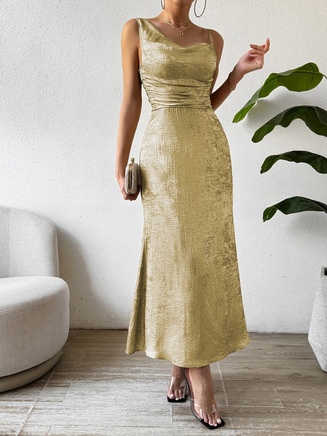 Asymmetric Neck Sleeveless Midi Dress